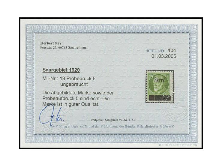 "SARRE" auf Bayern: 5 Pfg., Aufdruckprobe, ungebraucht, sign. und Befund Ney