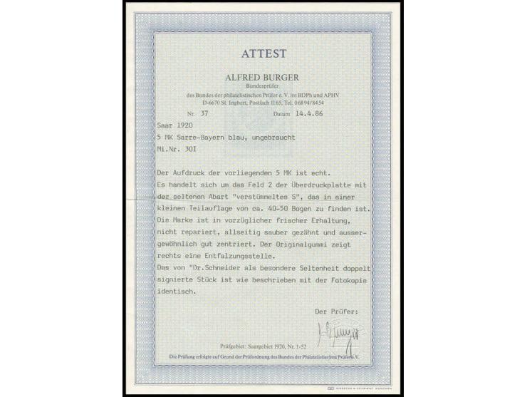 5 M. mit Aufdruckabart "verstümmeltes S", welches auf Feld 2 einer kleinen Teilauflage von ca. 40-50 Bogen zu finden ist, ung