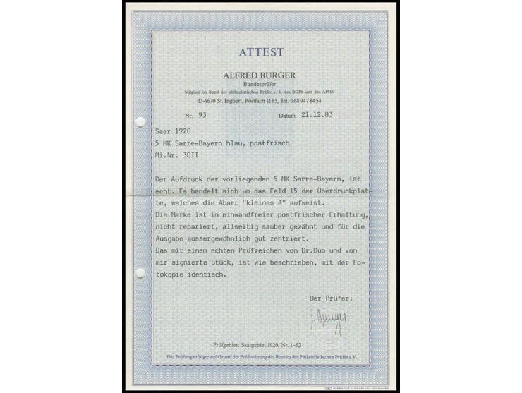 5 M. mit 'kleinem A', postfrisch, sign. Burger u. Dr. Dub, Fotoattest Burger BPP (Mi. 4000.-)