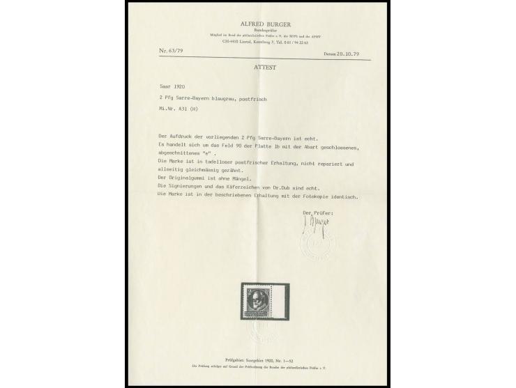 2 Pfg. mit Aufdruckabart "geschlossenes e", posfrisch vom rechten Bogenrand (Feld 90), doppelt sign. Dr. Dub, Fotoattest Burg