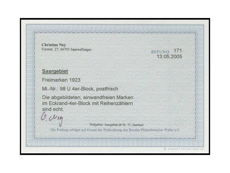  1923, Landschaftsbilder 15 C. im ungezähnten Viererblock aus der linken oberen Bogenecke, postfrisch, Kabinett, Befund Ney B