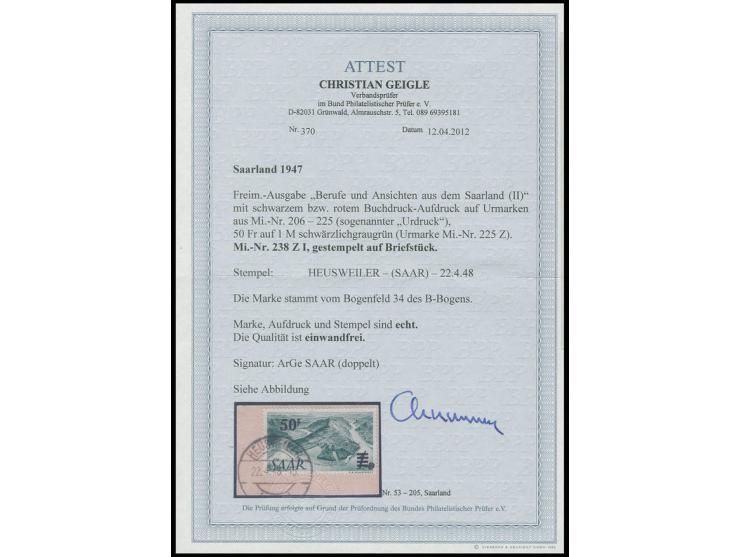  50 Fr. auf 1 M. sauber mit Stempel "HEUSWEILER 22.4.48" auf Briefstück, Kabinett, sign. Arge Saar und Fotoattest Geigle BPP