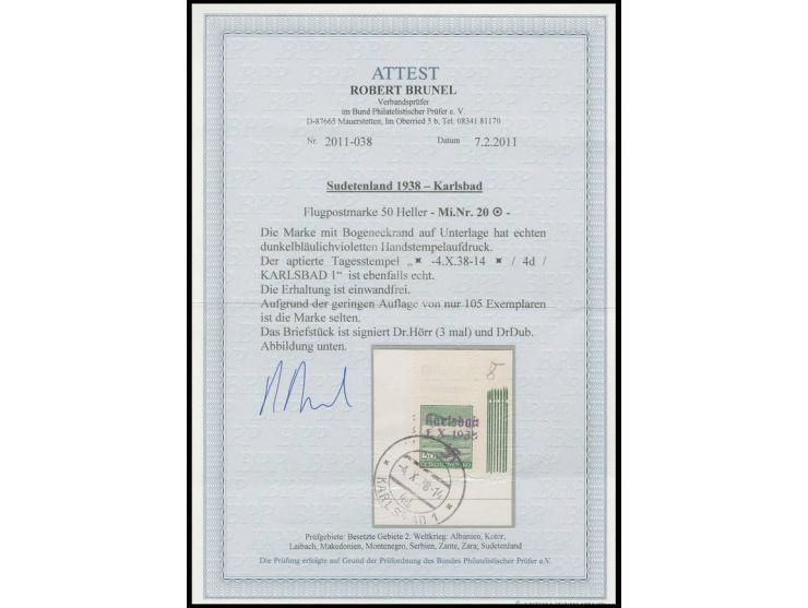 Flugpost 50 H. aus der rechten oberen Bogenecke mit Stempel "KARLSBAD -4.X.38 -14" auf Briefstück, Kabinett, Fotoattest Brune