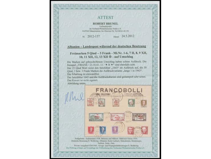 1943, 1 Q.-3 Fr. mit Stempel "TIRANE 23.10.43" auf Blanko-Umschlag, 25 Q. mit Aufdruckfehler "1643", 50 Q. sowie 1-3 Fr. mit 