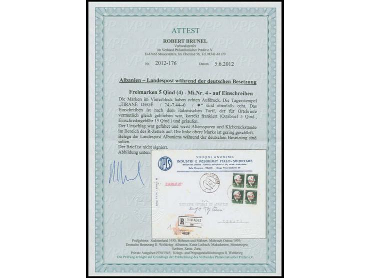 1943, 5 Q. im Viererblock mit Stempel "TIRANE DEGE 24.-7.44" auf Orts-R-Brief, der Umschlag einmal senkrecht gefaltet, leicht