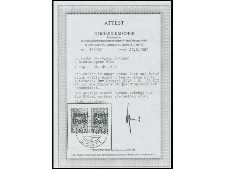 3 K. im waagerechten Paar mit Stempel "ELVA B 25 VII 41" auf kleinem Briefstück, Kabinett, Fotoattestkopie Krischke BPP