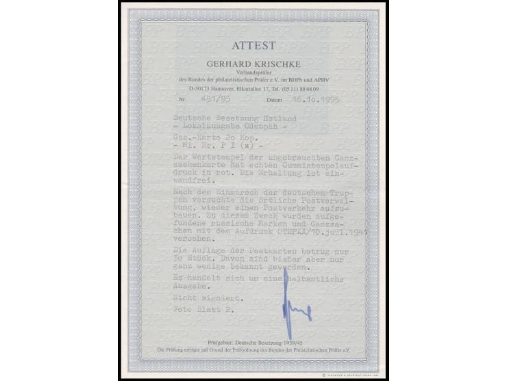 1941, Ganzsachenkarte Arbeiter 20 K. mit rotem Handstempelaufdruck "OTEPÄÄ 10. juul. 1941", nach dem Einmarsch der deutschen 