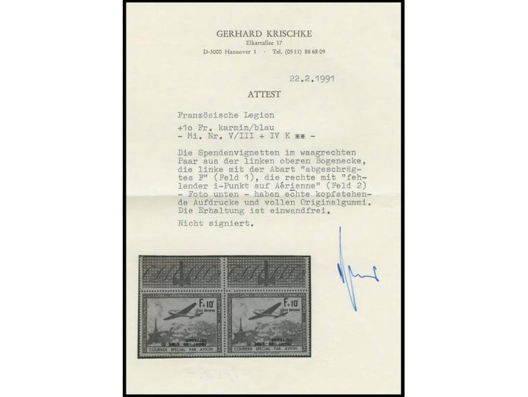 1942, Aufdruck "Ostfront": 10 Fr. im waagerechten Oberrandpaar mit kopfstehendem Aufdruck der Felder 1 und 2, diese je mit Au