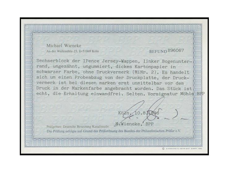 1941, Probeabzug: 1 P. schwarz  ungummiert auf Kartonpapier im 6er-Block aus der linken unteren Bogenecke, Kabinett, selten, 