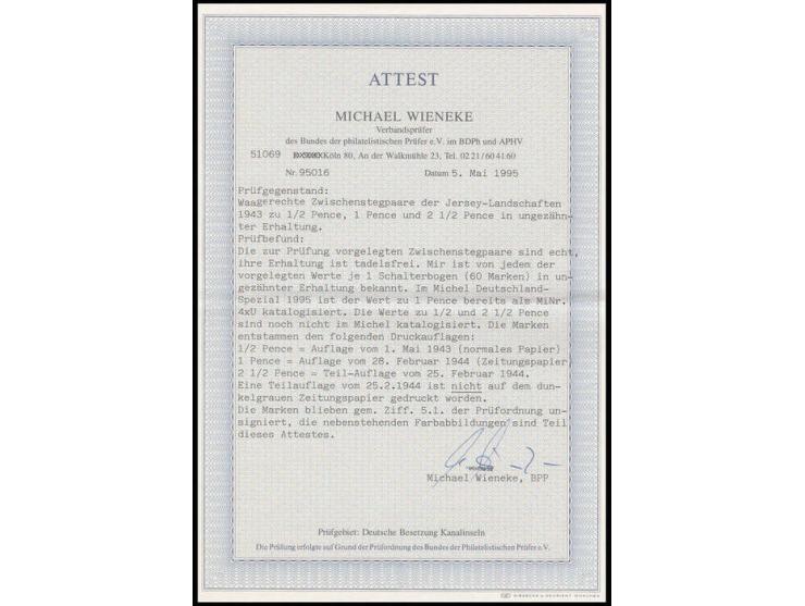 1943, 1 P. rot im waagerechten Zwischenstegpaar, ungezähnt, postfrisch, unsigniert, Kabinett, sehr selten, Kopie Attest M. Wi