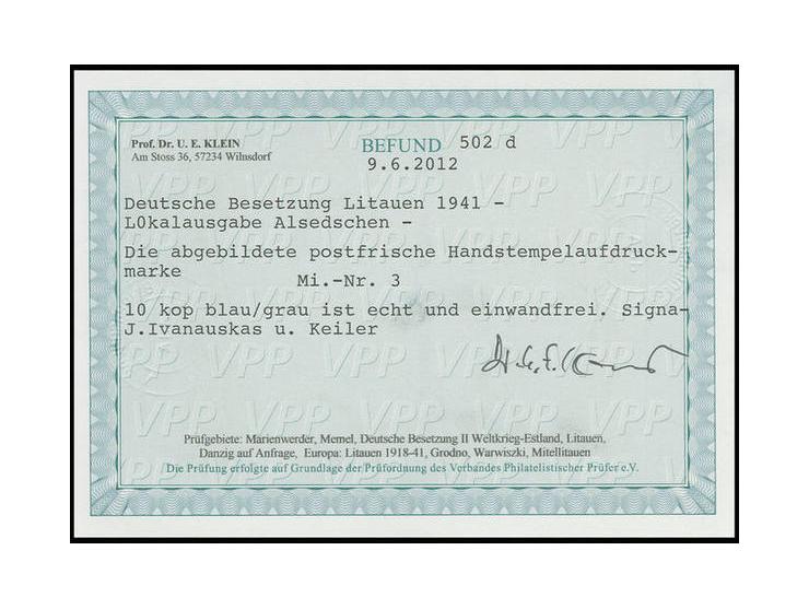 10 K. dunkelblaugrau, postfrisch, Kabinett, sign. Dub und Befund Klein