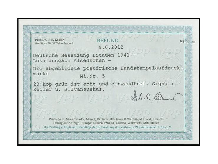 20 K. grün, postfrisch, Kabinett, sign. Dub und Befund Klein