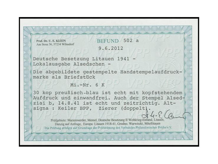 30 K. blau mit kopfstehendem Aufdruck mit Stempel "ALSEDZIAI 14 8 41" auf kleinem Briefstück, Kabinett, eine sehr selte Marke