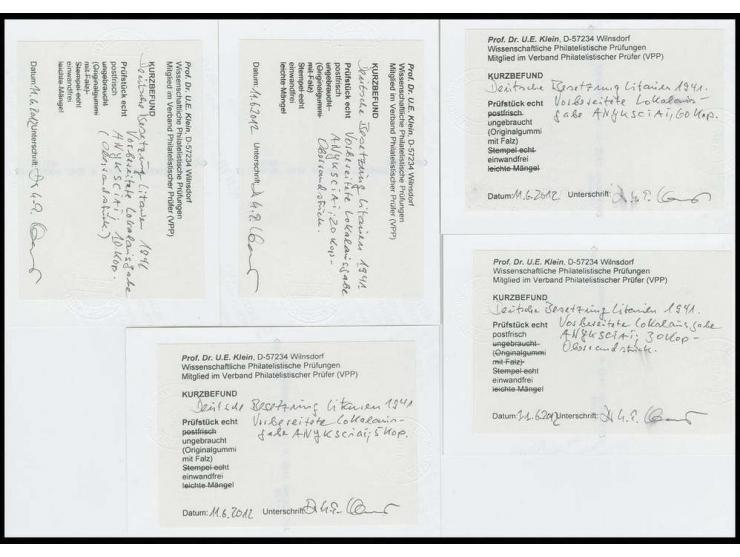 ANYKSCIAI: 1941, 5, 190, 20, 30 und 60 K. je mit Datums-Handstempelaufdruck, 5 und 60 K. ungebraucht, sonst postfrisch, Kabin