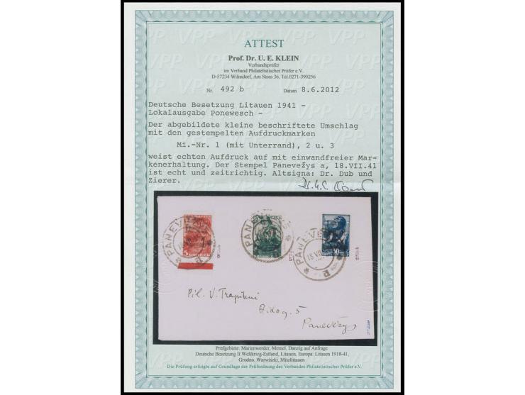 5-30 K. mit Handstempelaufdruck mit Stempel "PANEVEZYS 18.VII.41" auf kleinem beschriftetem Umschlag, Kabinett, Fotoattest Kl