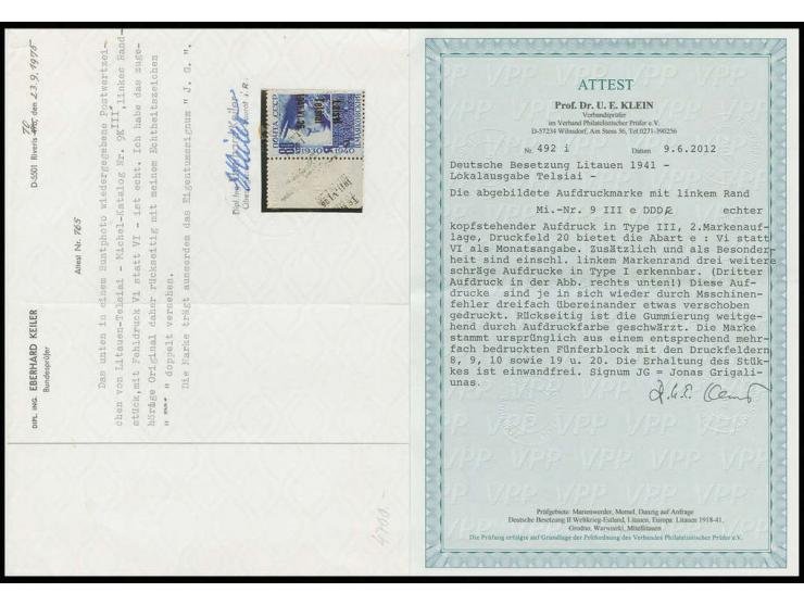 1941, Sondermarken, 2. Auflage: Majakowski 80 K. ultramarin mit linkem Bogenrand und kopfstehendem Aufdruck in Type III mit A