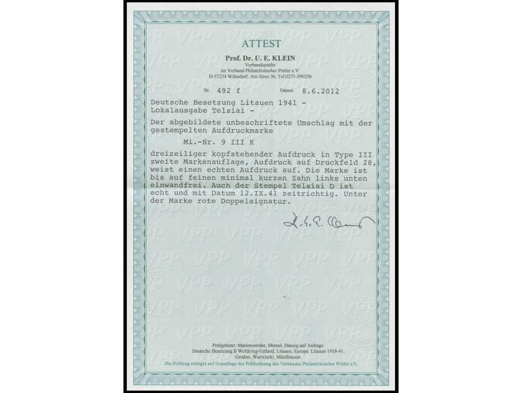 80 K. ultramarin mit kopfstehendem Aufdruck in Type III, mit Stempel "TELSIAI 12.IX.41" auf Blanko-Umschlag, unten links ein 