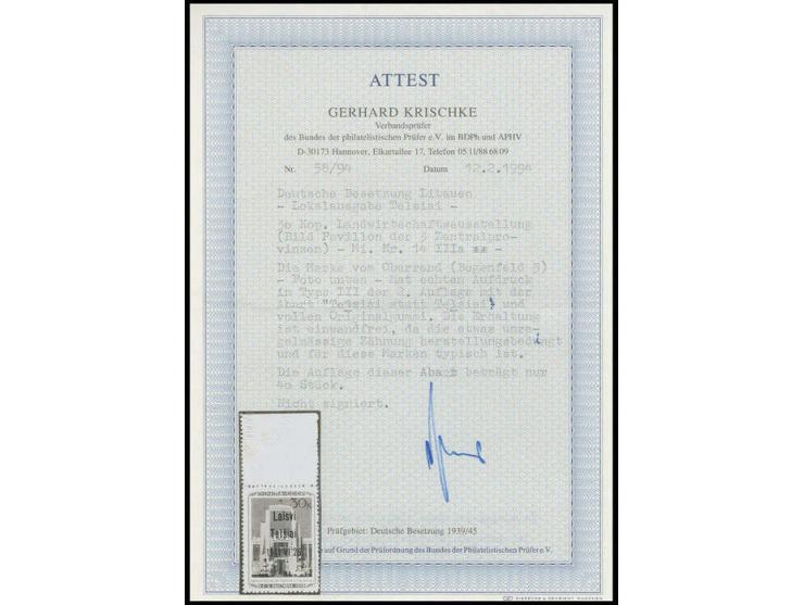 Pavillon 30 K. mit Oberrand, Type III mit Aufdruckfehler "Te1siai statt Telsiai", postfrisch, Kabinett, Fotoattest Krischke B