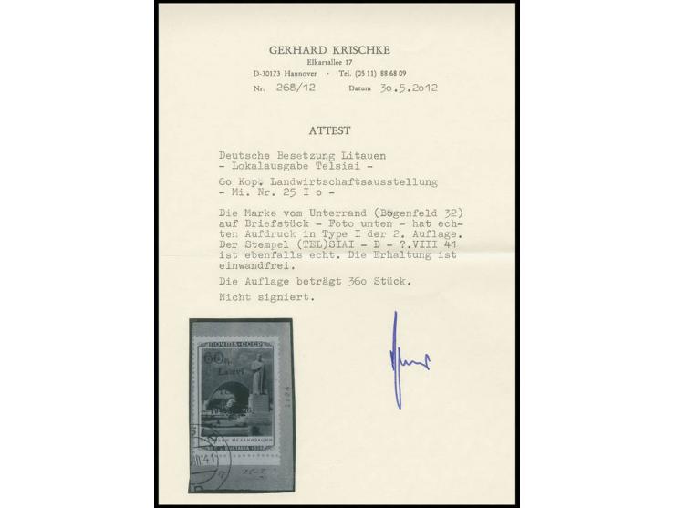 Landwirtschafts-Ausstellung 30 K., Type I mit Unterrand mit Stempel "TELS(IAI) 25..." auf Briefstück, Kabinett, Fotoattest Kr