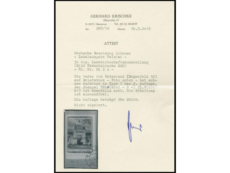 Pavillon 60 K., Type I mit Unterrand mit Stempel "(TEL)SIAI  VIII.41" auf Briefstück, Kabinett, Fotoattest Krischke
