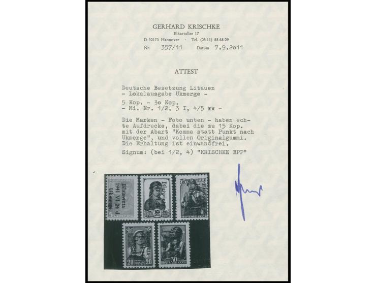 1941, 5-30 K. kpl., dabei 15 K. mit Aufdruck-Abart "Komma statt Punkt nach Ukmerge", postfrisch, Kabinett, sign. und Fotoatte