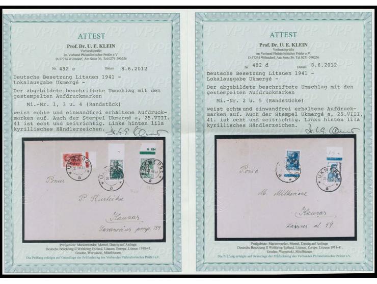 5-30 K. alles Randstücke, mit Stempel "UKMERGE 25  bzw. 26.VIII.41"  auf zwei beschrifteten Umschlägen, jeder Umschlag einmal