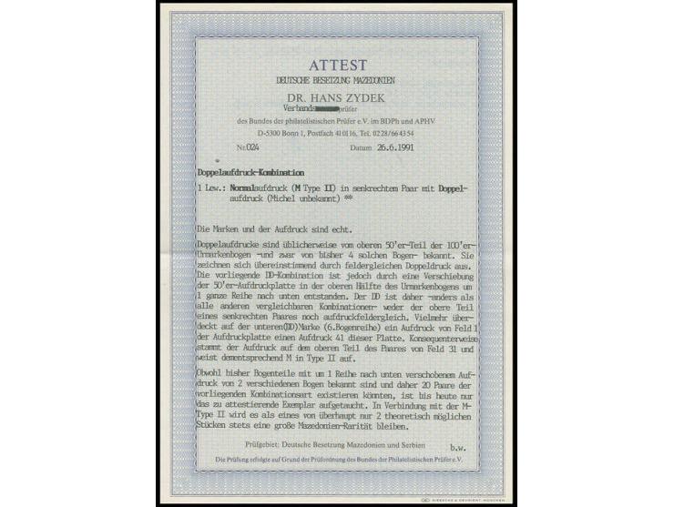 1 L. in Type II im senkrechten Paar mit doppeltem Aufdruck von Feld 1 auf Feld 41, seltene Aufdruck-Kombination mit der Norma