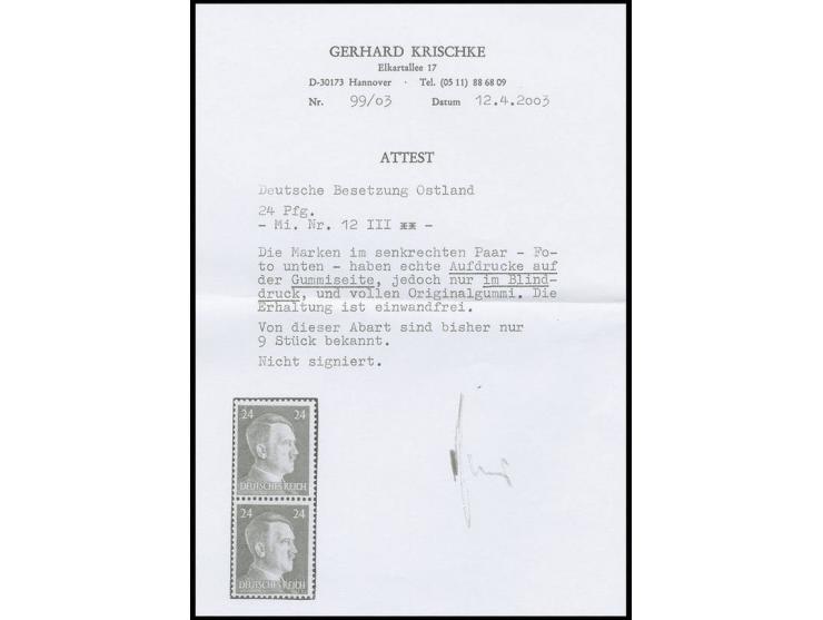 1941, Hitler 24 Pfg. mit Blindaufdruck auf der Gummiseite, postfrisch, Kabinett, Fotoattestkopie Krischke (für ehemaliges Paa