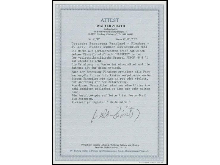 1941, 30 K. mit rotem Handstempelaufdruck "Pleskau" als portogerechte Frankatur auf Brief aus "PSKOW 8.8., Marke mit typische