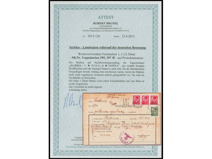 1941, VORLÄUFER: Yugoslawien Freimarken  1 Din. grün und 2 Din. lilakarmin im waagerechten 3er-Streifen mit Stempel "PADINA 1