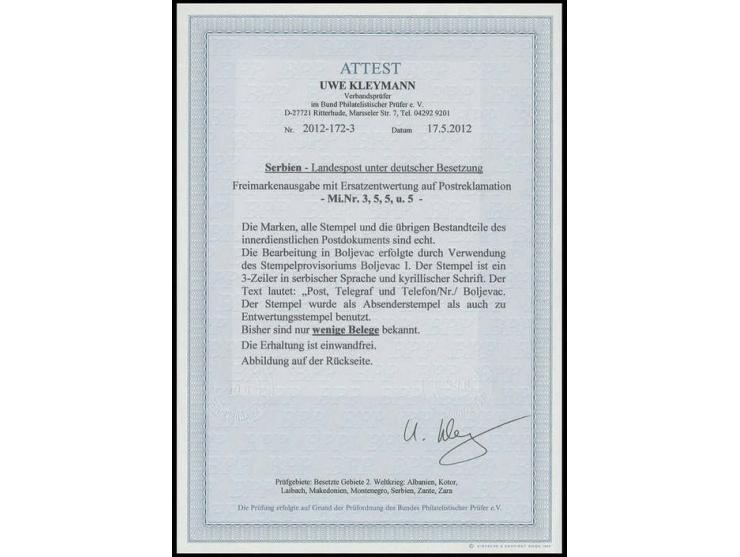 1 Din. und 2 Din. im waagerechten 3er-Streifen mit Stempel "ZAJECAR 11.VI.41" auf Postreklamation-Formular nach Boljevac I. m