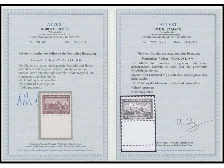 Serbische Klöster 2 Din. und 7 Din., je mit Leerfeld unten, postfrisch, Pracht, Fotoatteste Brunel und Kleymann BPP (Mi. 1.00