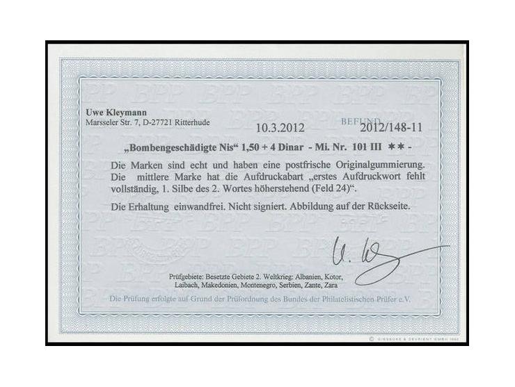 Bombengeschädigte 1,50 Din. mit Aufdruckabart "erstes Aufdruckwort fehlt vollständig, 1. Silbe des 2. Wortes höherstehend" im