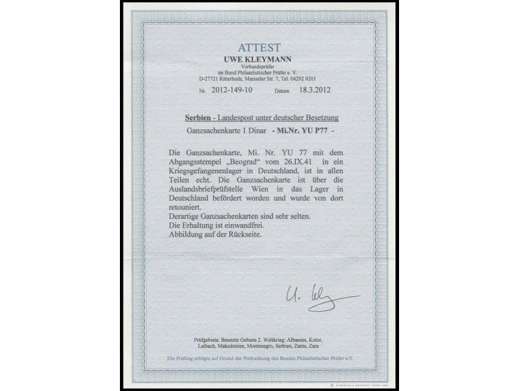 Jugoslawien Karte 1 Din. mit Stempel "BEOGRAD 26.IX.41" bedarfsgebraucht mit OWK-Zensur in ein KGF-Lager in Deutschland mit L