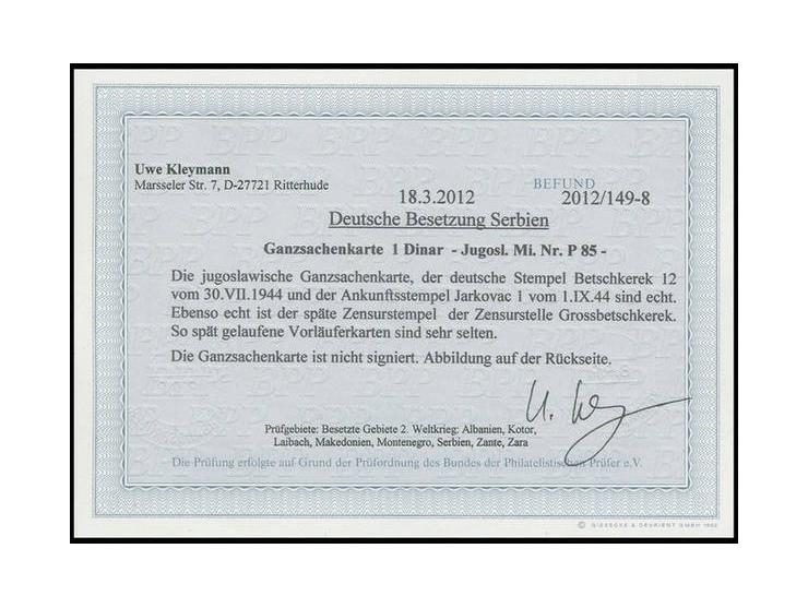 Jugoslawien Karte 1 Din. mit dt. Stempel "BETSCHKEREK 30.VII.44" und Zensur-Ra3 aus Grossbetschkerek nach Jarkovac mit Ankunf