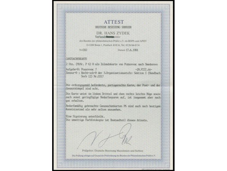 Karte 2 Din. bedarfsgebraucht aus "POZAREVAC 29.VIII.44" mit zweisprachigem Zensur-Ra3 "ZENSURIERT 0317/Sekt.I" nach Smederre