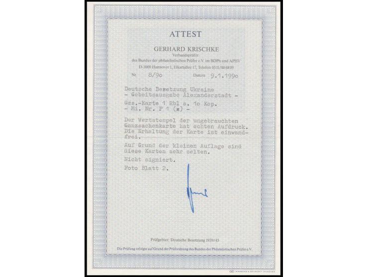 GANZSACHEN: 1941, Karte 1 Rbl. auf 10 K. ungebraucht, Kabinett, Fotoattest Krischke BPP