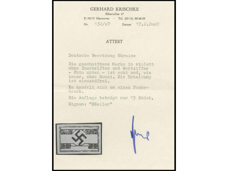 ungezähnter Probedruck ohne Inschrift, nur Rahmen und Hakenkreuz in Schwarzbraun, ohne Gummi wie verausgabt, Kabinett, Auflag