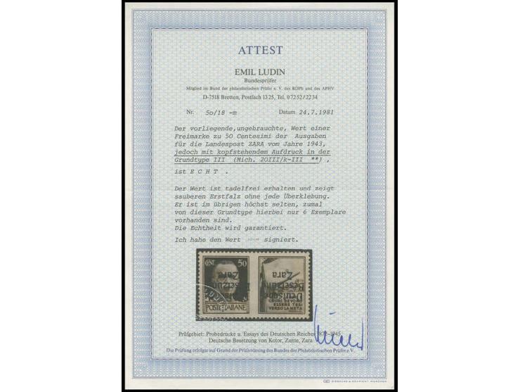 50 C. hellviolett "Artillerie" mit kopfstehendem Aufdruck, sauber ungebraucht, Kabinett, sehr selten, sign. und Fotoattest Lu