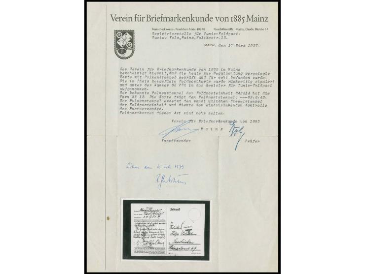 Palmenstempel in Form 13 auf Karte der Fp-Nr. 34951A mit Aufgabestempel vom 9.8.43 nach Saarbrücken, Kabinett, Fotoattest Mai