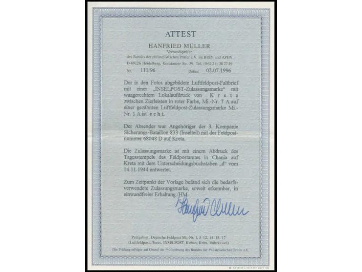 1944, Insel Kreta gezähnt, entwertet mit Feldpoststempel "d 14.11.1944" (Chania) auf Brief nach Coburg, Pracht, Fotoattest Mü