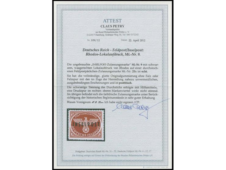 Rhodos braunrot, postfrisch, oben minimale Druckspur, Pracht, sign. Zierer sowie Fotoattest Petry BPP