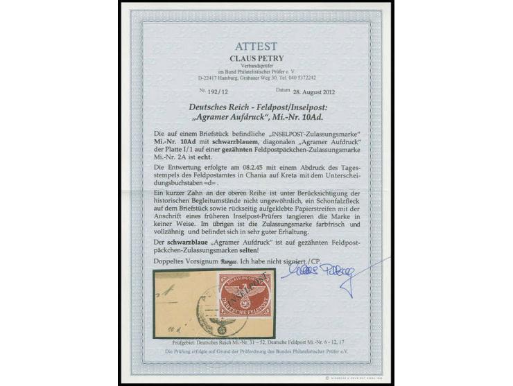 dito, mit Stempel "FELDPOST d 08.2.45" von Chania auf Briefstück, bis auf einen kurzen Zahn tadellos, signiert Rungas und Fot