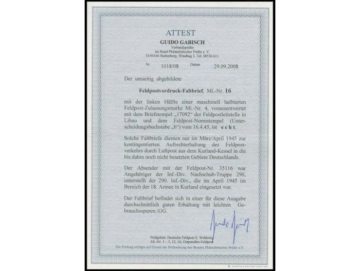 1945, Kurland-Halbierung, linke Hälfte, vorausentwertet mit Briefstempel auf Kartenbrief (im Rand etwas beschnitten) mit Norm