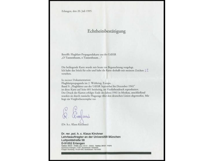 Sowjetische Fälschungen für Deutschland: Propagandakarte " O Tannenbaum" und eingedrucktes Wertzeichen 6 Pfg. Hindenburg, ung