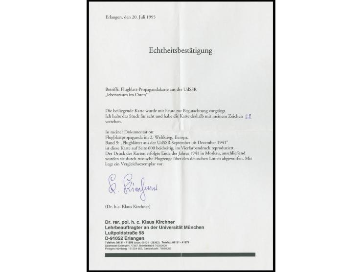 Propagandakarte "Lebensraum im Osten" und eingedrucktes Wertzeichen 6 Pfg. Hindenburg, ungebraucht, sign. und Echtheitsbestät