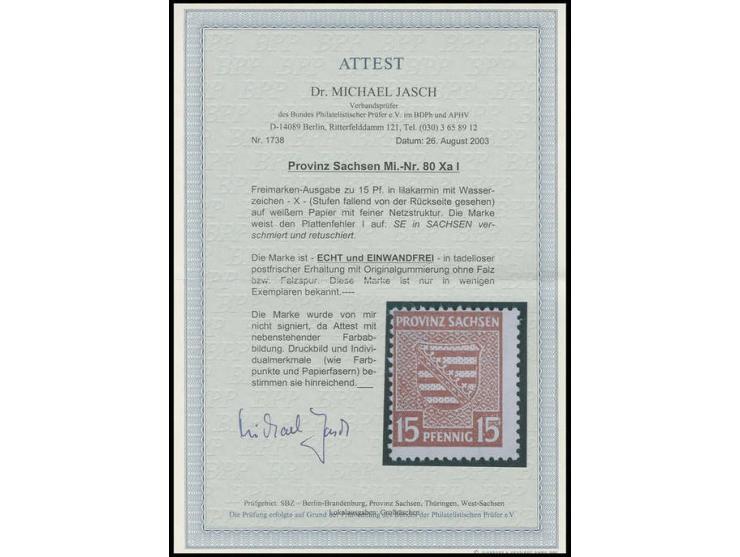 PROVINZ SACHSEN: 1945, Wappen mit Wz. fallend: 15 Pfg. mit Plattenfehler "SE in SACHSEN verschmiert und retuschiert", postfri