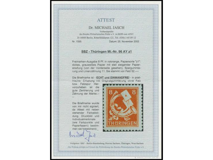 mit Spargummi: 8 Pfg. rotorange, Papier z1, postfrisch, tadellos, ohne Signatur, Fotoattest Dr. Jasch BPP (Mi. 3.000,-)
