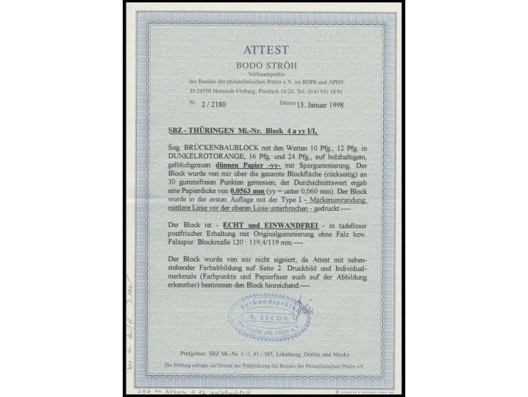 1946, Brückenbau-Block auf dünnem Papier in Type I, postfrisch, Fotoattest Ströh BPP
 