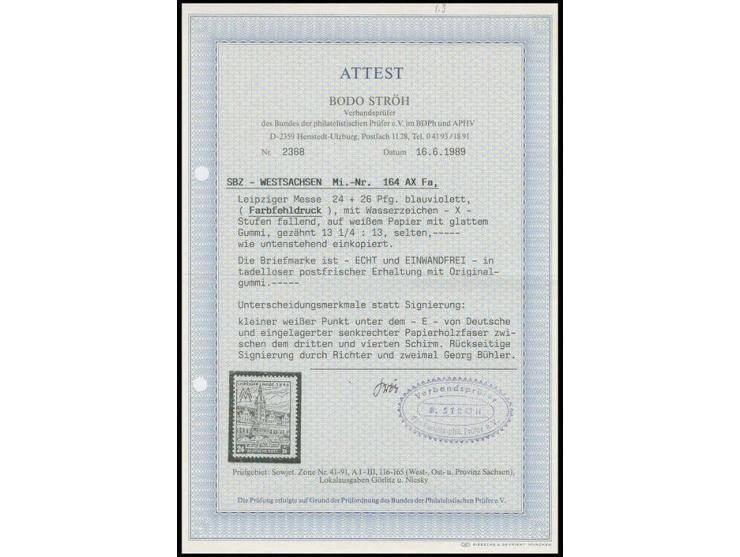 WEST-SACHSEN: 1946, Leipziger Messe 24 Pfg. in Fehlfarbe blauviolett, postfrisch, u.a. sign. Bühler und Fotoattest Ströh BPP